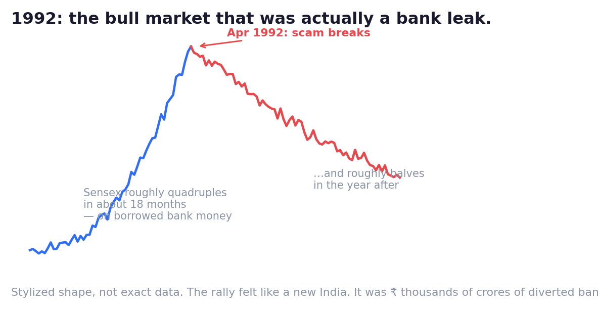 Chapter 04 — The 1992 shape: a vertical rally on borrowed money, and the long bill afterwards.
