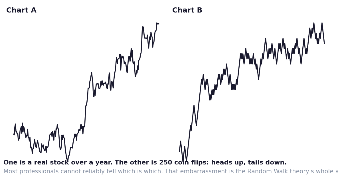 One is a real stock; one is 250 coin flips. The difficulty of telling them apart is the entire argument.