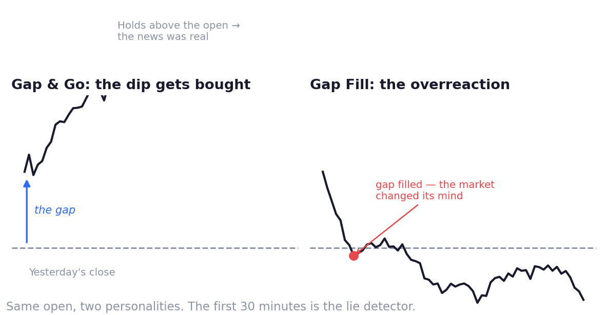 Two personalities of a gap — a gap-and-go dip that gets bought versus a gap-fill open that gets sold back