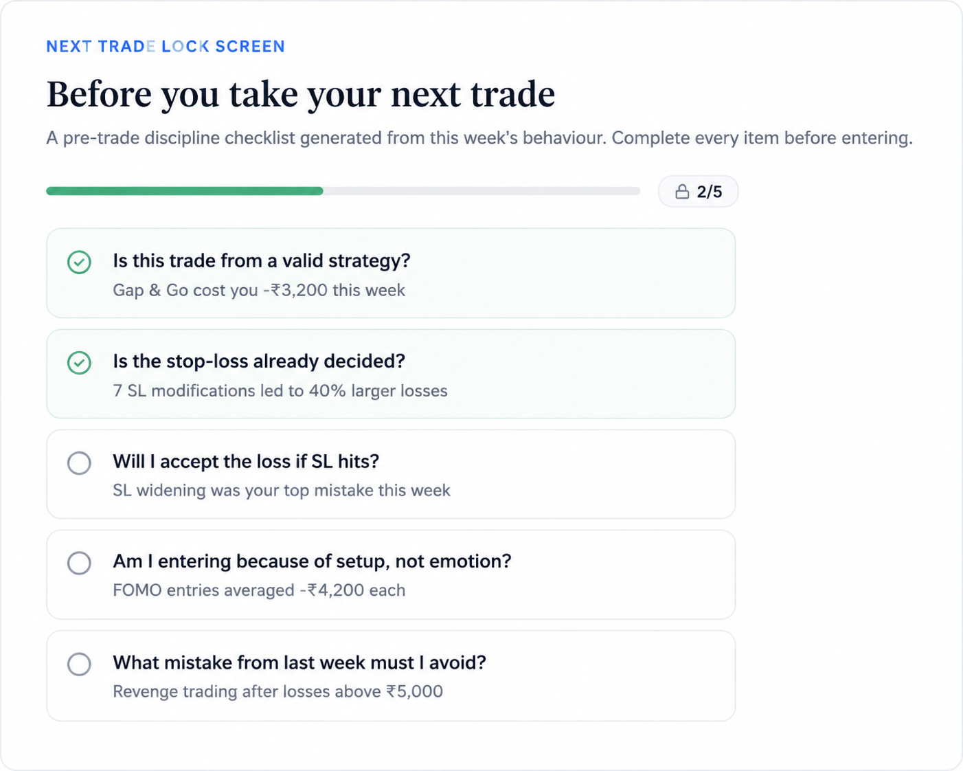 AI Coach next-trade lock screen with a personalised pre-trade discipline checklist