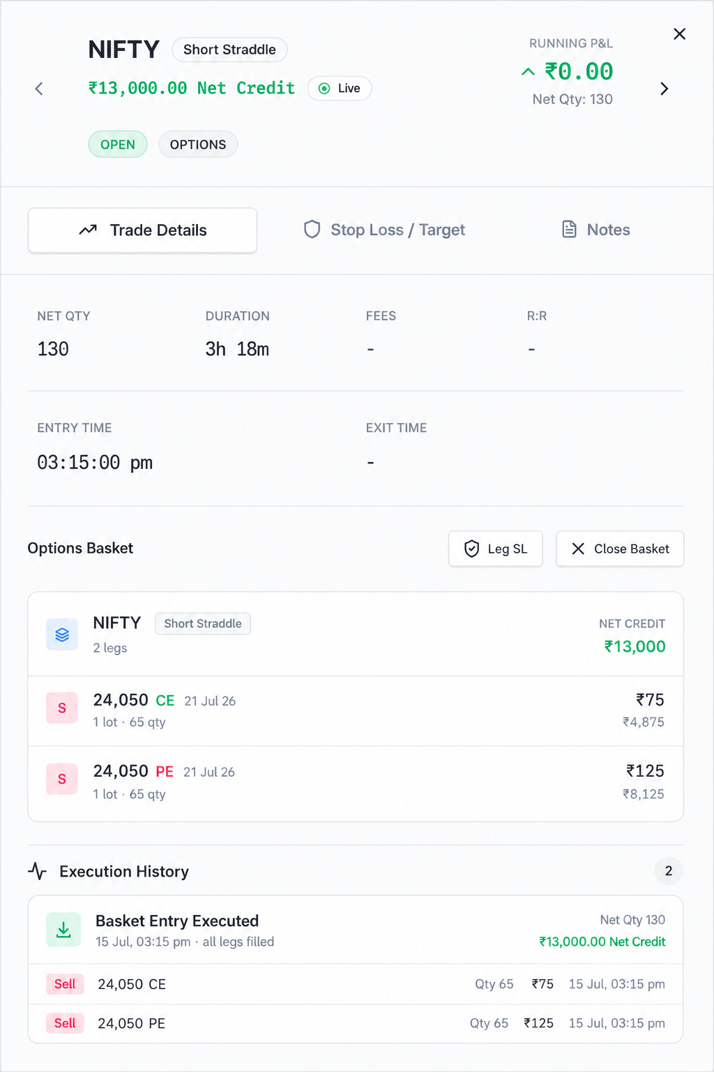 Open NIFTY short straddle in QbarTrade with running P&L, basket legs and execution history