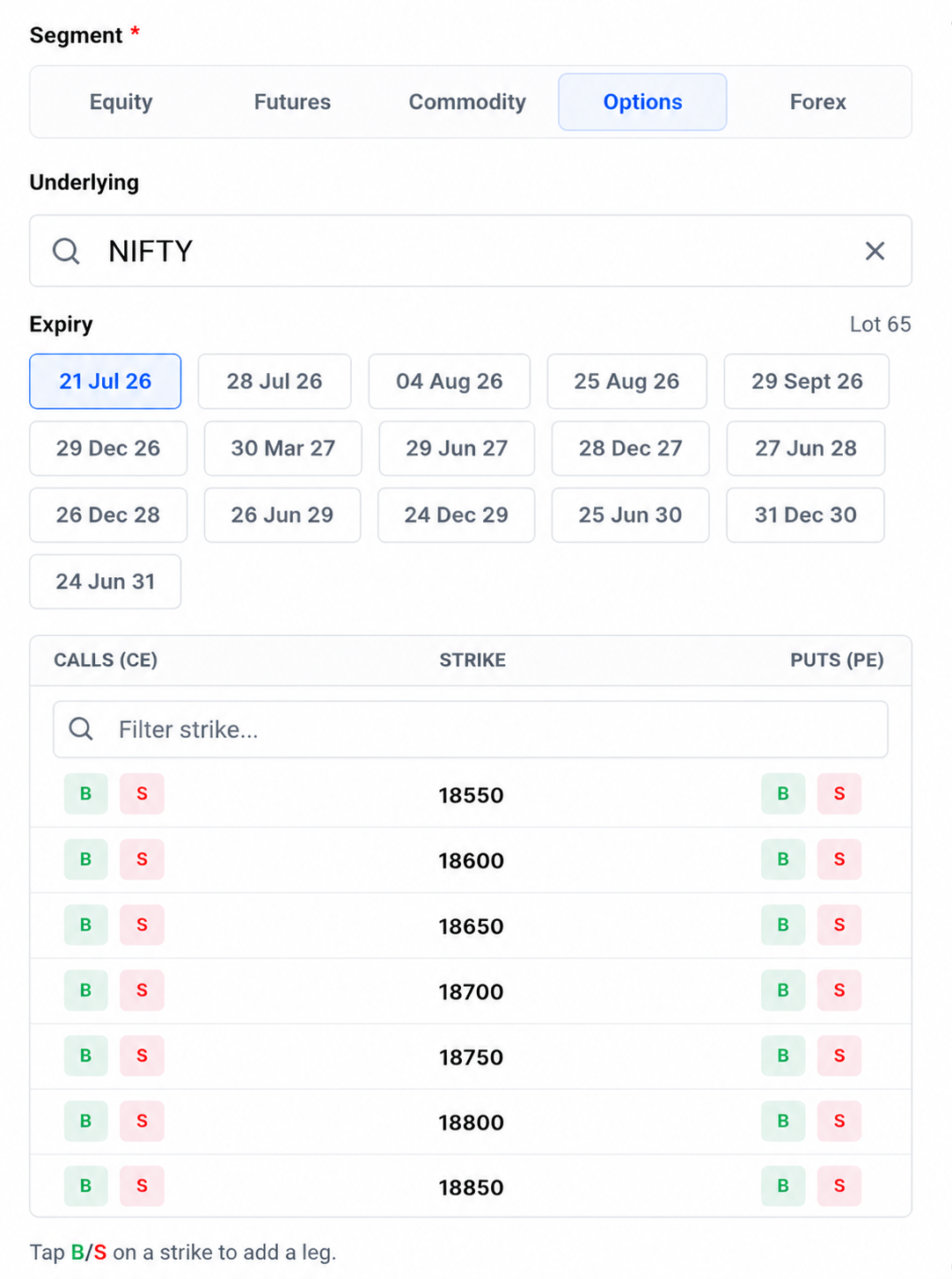 QbarTrade options chain showing NIFTY expiries and buy or sell controls for call and put strikes