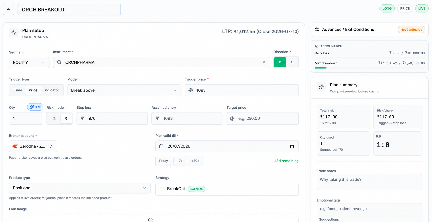 QbarTrade trade plan with entry, stop-loss, target and risk details